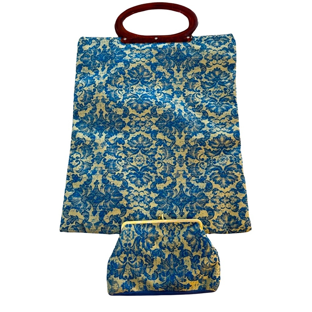 VTG Lady's Pride Lucite Handle Retro Blue Floral Damask Convertible Coin Purse